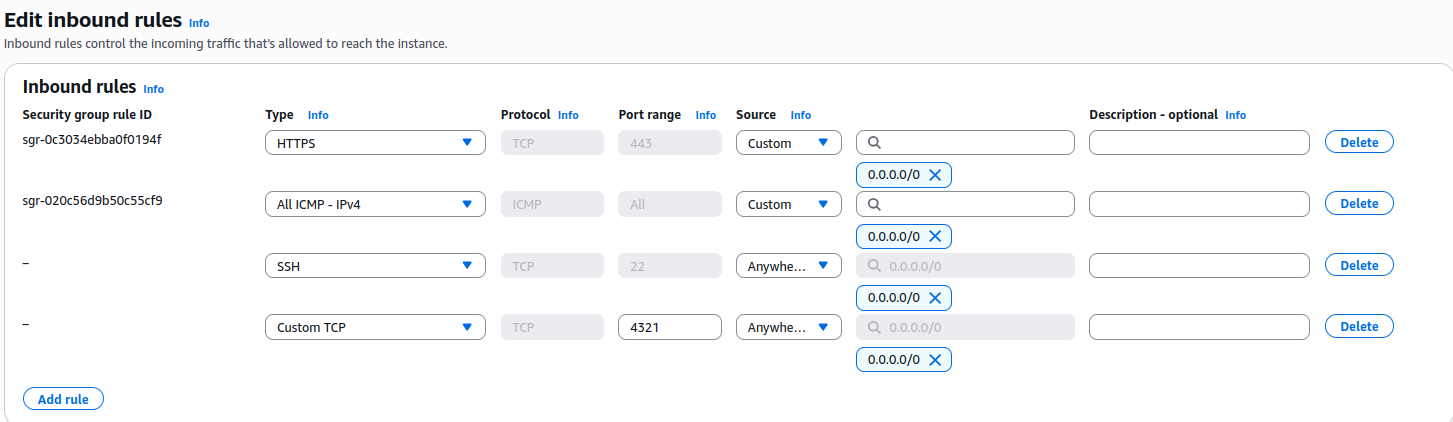 Updated the web server security group to permit inbound access to the application on TCP port 4321 for validation.