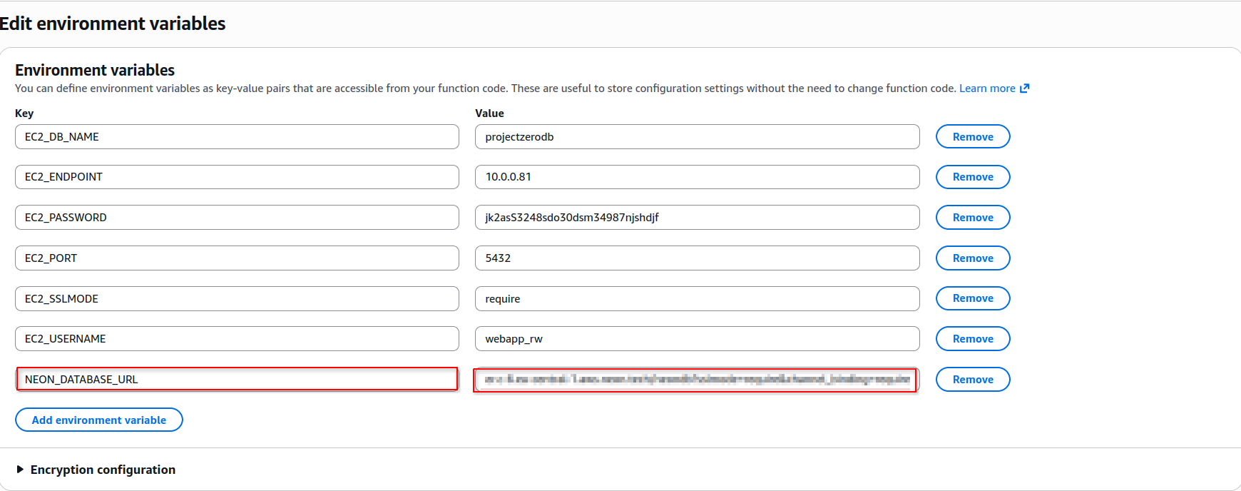 Configured the Neon PostgreSQL database connection for the threat intelligence feed Lambda functions.