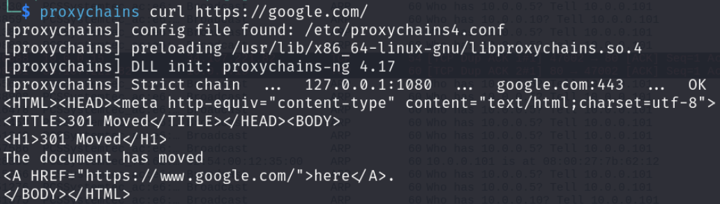 proxychains curl to https://google.com showing that web requests are now flowing through the local SOCKS5 proxy backed by NetImpostor.