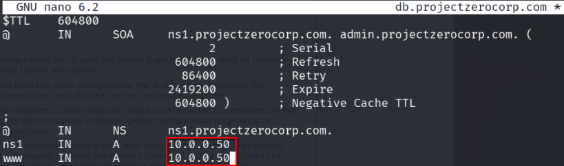 Editing the www A record in db.projectzerocorp.com so it points to the attacker IP 10.0.0.50 instead of the legitimate web server.
