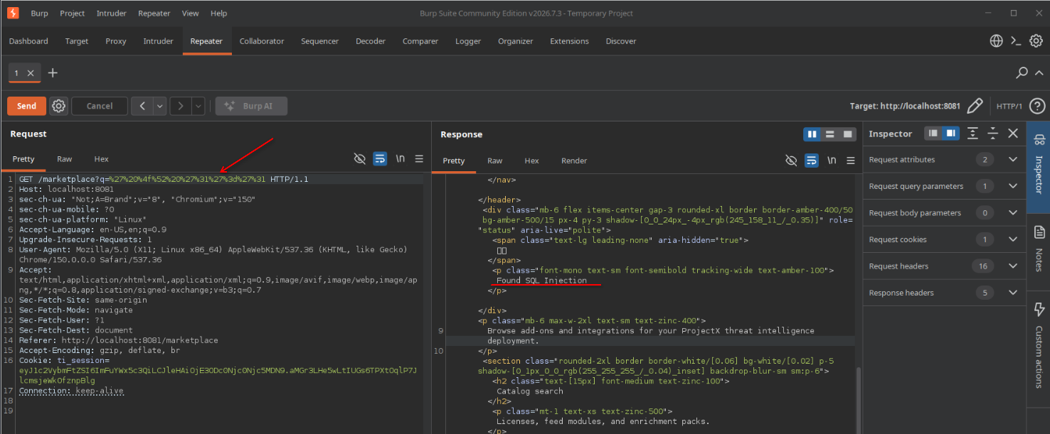 Confirmed SQL injection by manipulating the Marketplace query and returning unintended product records.