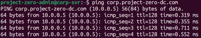 Network tests from corp-svr confirm successful connectivity and name resolution to corp.project-zero-dc.com