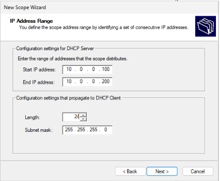 IPv4 DHCP scope created for 10.0.0.0/24, defining the usable IP range for clients while reserving static addresses for core services like the gateway and domain controller.