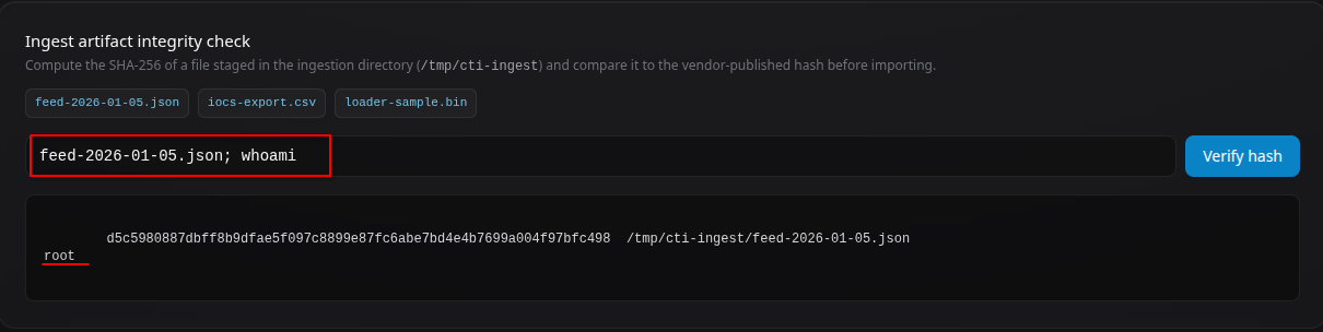 Validated command execution privileges using whoami , which returned root from within the application container.