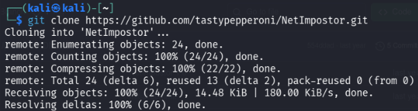 Cloning the NetImpostor GitHub repository onto Kali to obtain the IP‑spoofing tool’s source code.