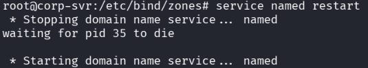 service named restart is run to stop and start the BIND service, forcing it to reload the updated zone configuration