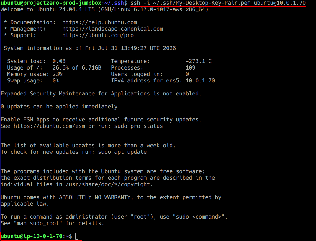 Successfully connected from the ProjectZero jumpbox to the private web server over SSH.