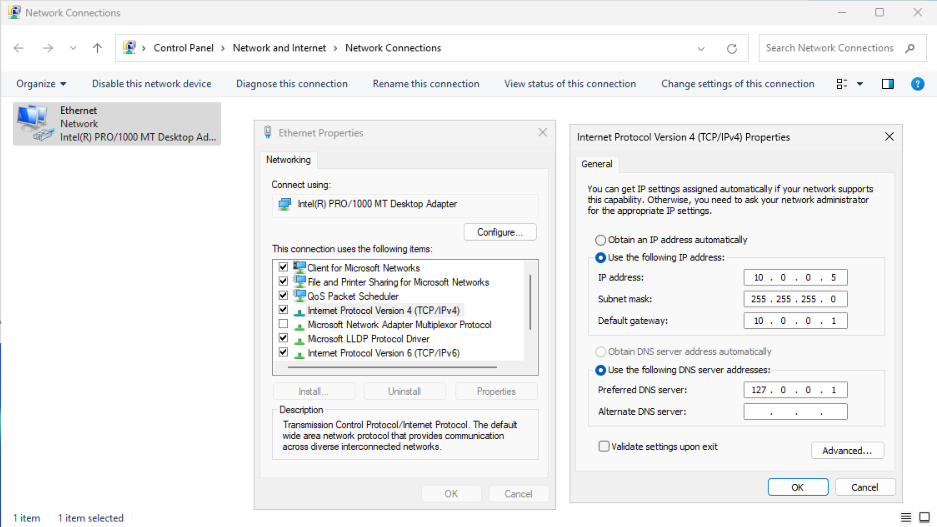 Static IP 10.0.0.5 assigned to the domain controller, with subnet 10.0.0.0/24 and default gateway 10.0.0.1 to ensure stable connectivity and routing.