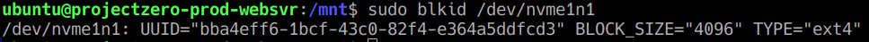 Retrieved the filesystem UUID of nvme1n1 for use in the persistent mount configuration.