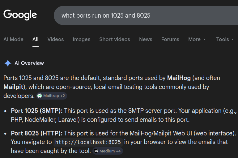 Quick open‑source research confirming that ports 1025 and 8025 are commonly used by MailHog/Mailpit, lightweight SMTP testing tools