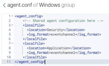 Windows group agent.conf configured to forward both the Security and Application event channels from all Windows agents.