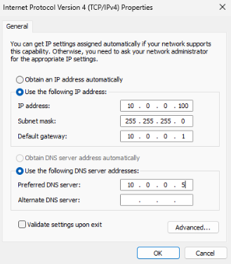Windows 11 client configured with static IP 10.0.0.100, gateway 10.0.0.1, and DNS 10.0.0.5, ensuring consistent connectivity to the domain controller.