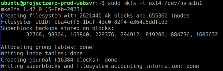 Successfully created an ext4 filesystem on the newly attached nvme1n1 EBS volume.
