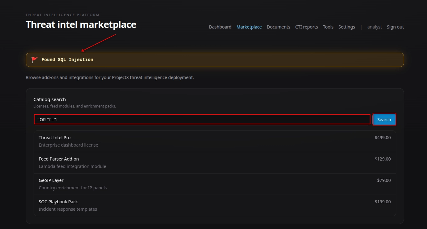 Verified the SQL injection in the application, where the manipulated search query bypassed the intended filtering logic and returned the full product catalog.