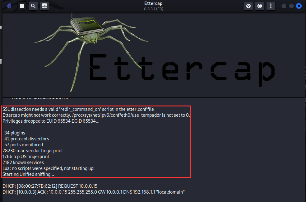 Ettercap successfully initialized and ready to discover network hosts.