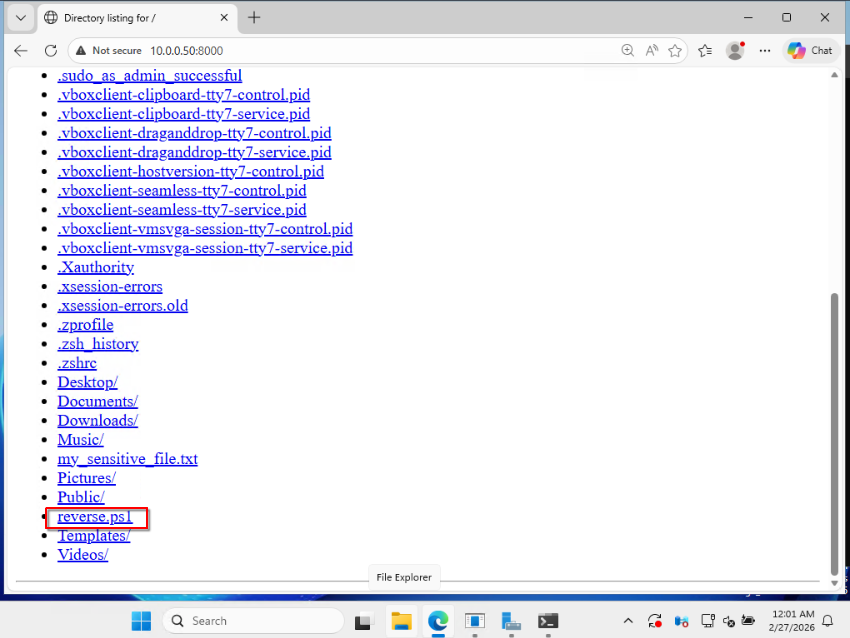 Browsing to http://10.0.0.50:8000 from the domain controller and downloading reverse.ps1 from the attacker’s HTTP server.