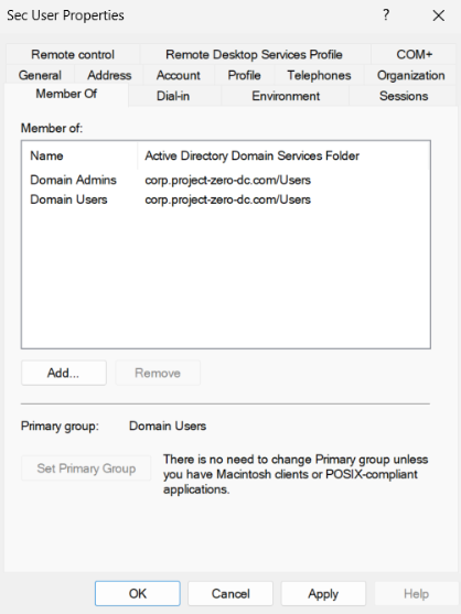 secuser added to Domain Admins for this lab, giving the security server administrative privileges needed to deploy and manage security tooling across the domain.