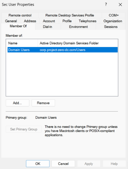 secuser initially assigned to Domain Users , granting standard user access across the environment.