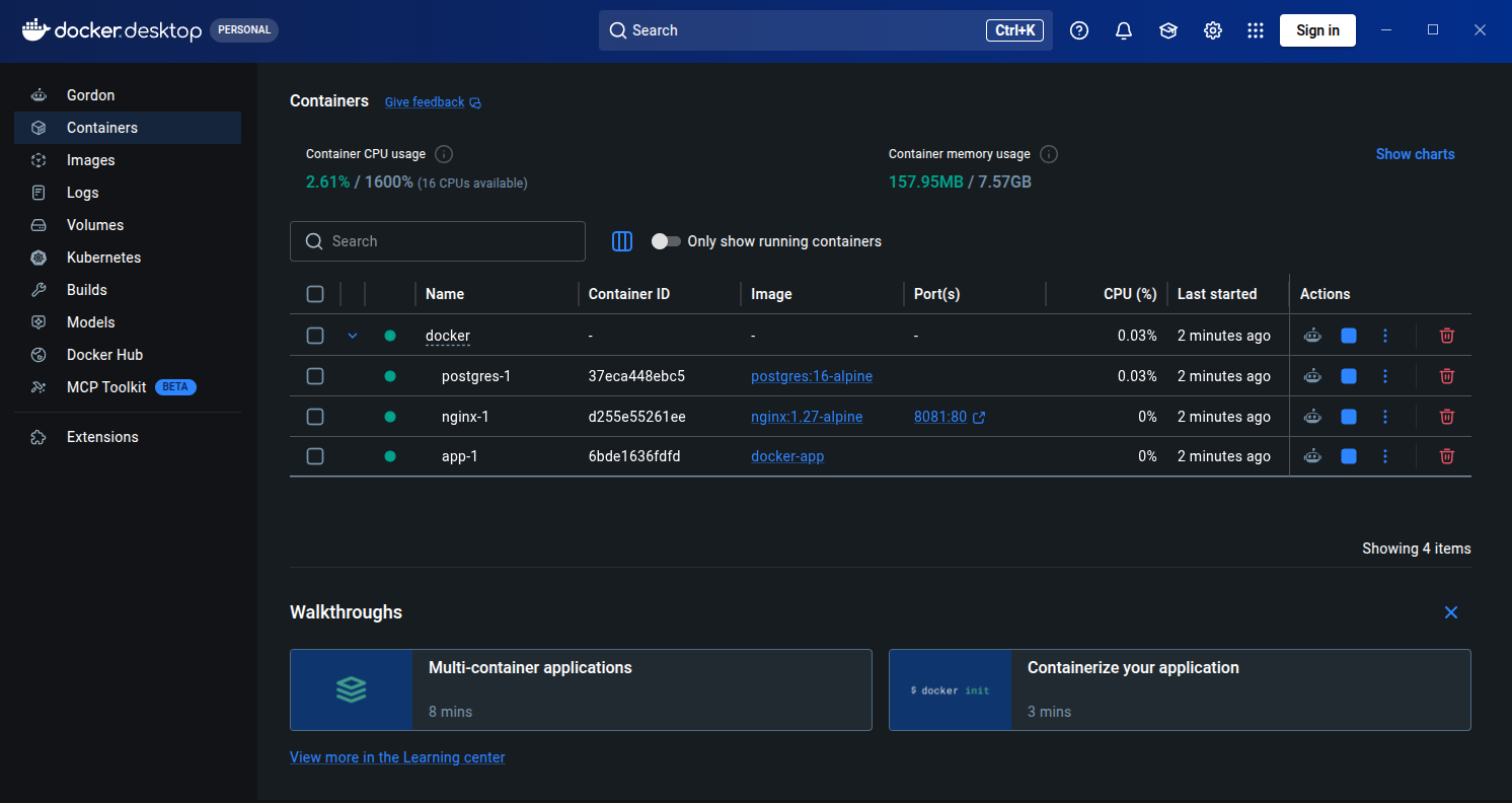 Verified the vulnerable lab stack was running successfully across the PostgreSQL, application, and Nginx containers.
