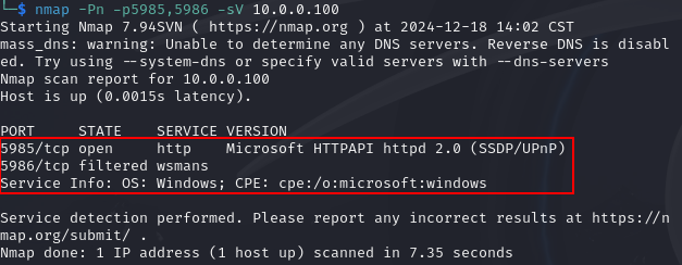 Internal nmap scan from Kali identifying 10.0.0.100 with WinRM (port 5985) exposed, indicating a Windows host that can be remotely administered.