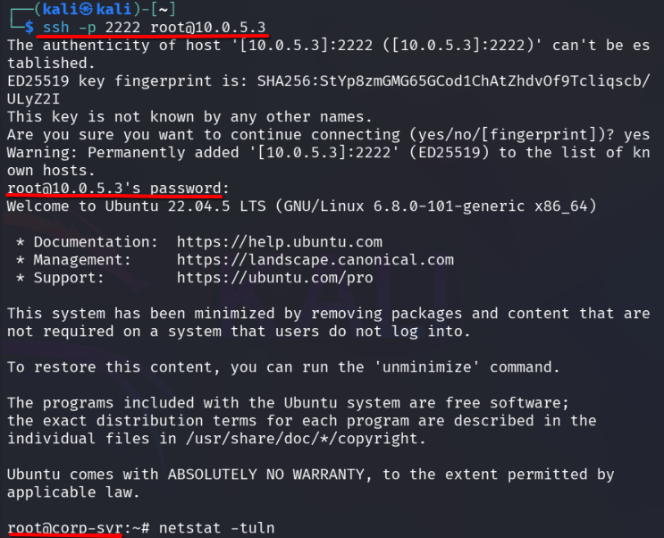 SSH session from Kali to root@10.0.5.3 over port 2222, confirming remote shell access on the target host.