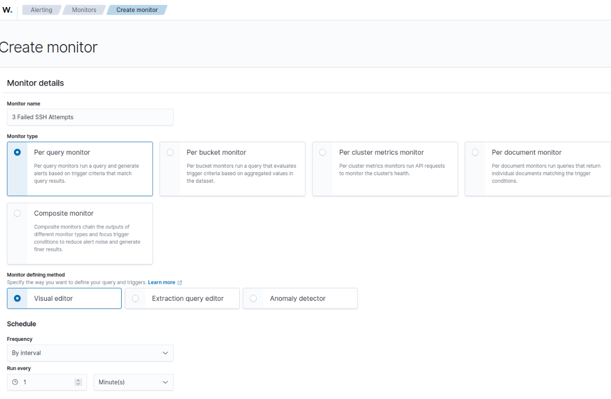 Create a “Per query monitor” named “3 Failed SSH Attempts” using the visual editor.