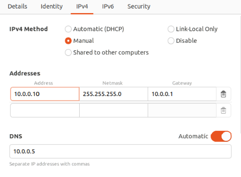 Security server sec-box configured with static IP 10.0.0.10, gateway 10.0.0.1, and DNS 10.0.0.5, placing it on the same 10.0.0.0/24 lab network as the other hosts.
