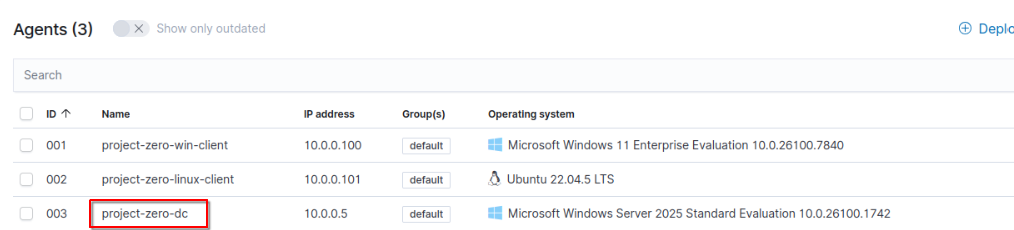 All three key endpoints— project-zero-win-client , project-zero-linux-client , and project-zero-dc - registered as active agents in Wazuh.