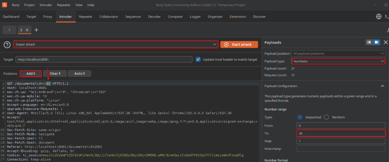 Configured Burp Intruder to enumerate sequential values within the document id parameter.