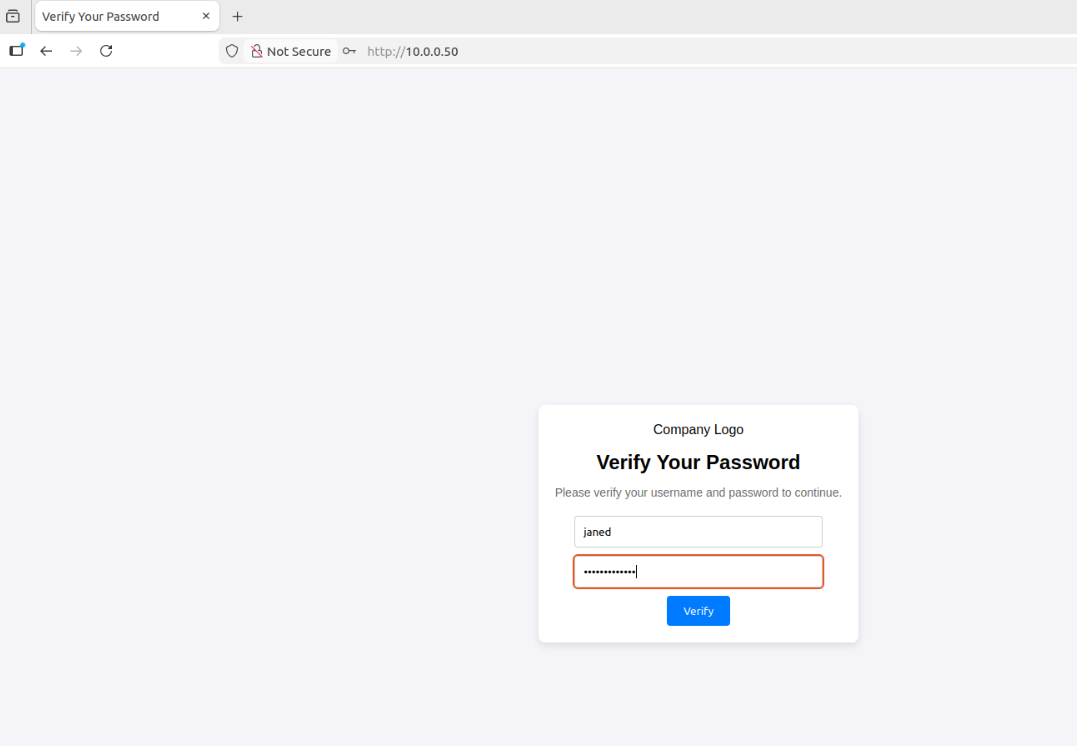 Jane’s browser on linux-client loading the attacker’s “Verify Your Password” page over HTTP after following the link in the email