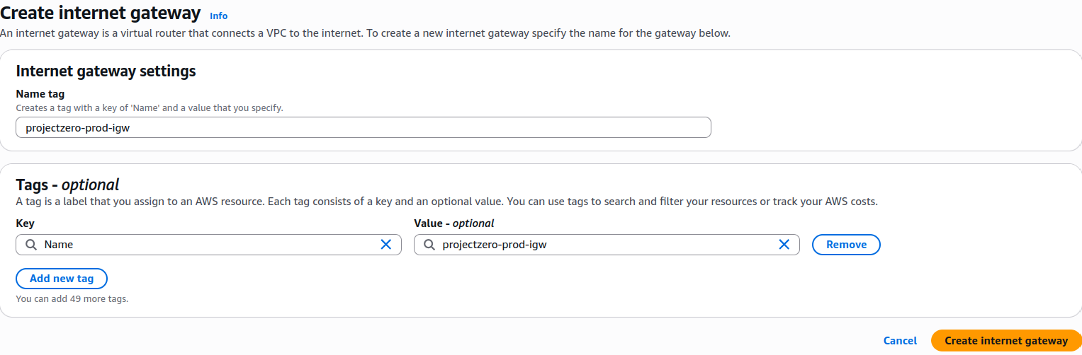 Created the Internet Gateway used to provide public internet connectivity to the VPC.