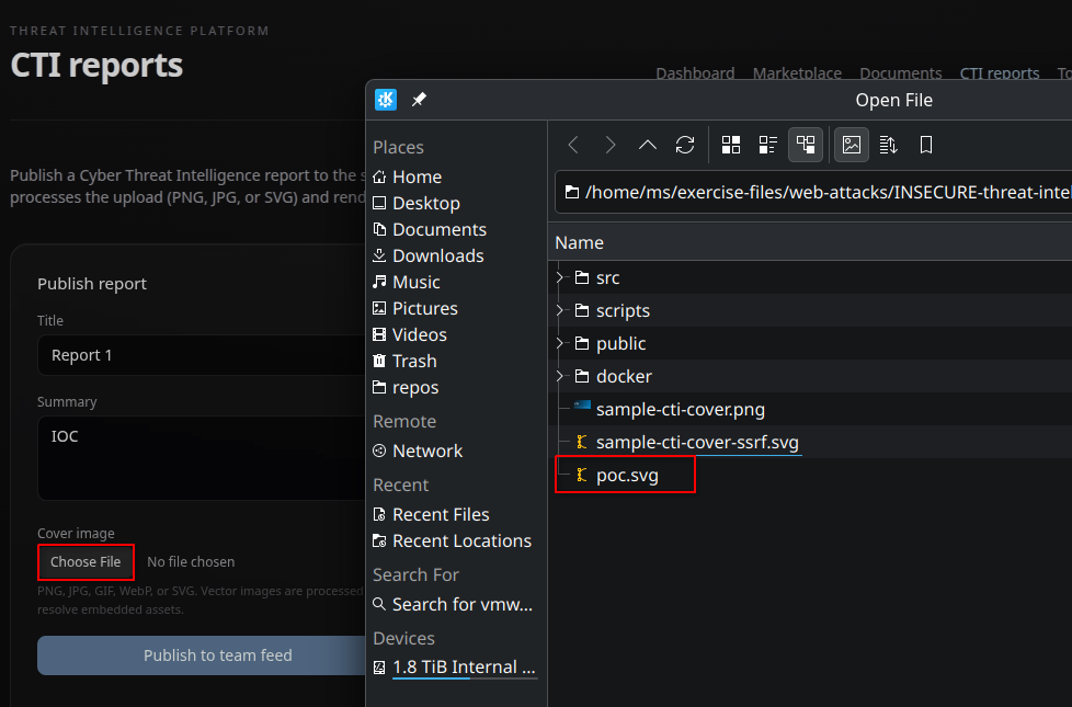 Selected the crafted poc.svg as the CTI report cover image for server-side processing.