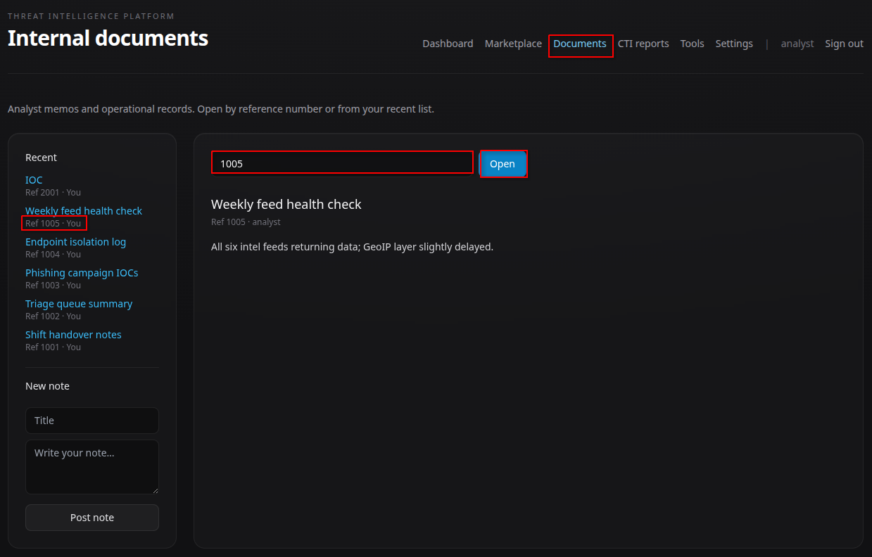 Identified a numeric document reference in the Documents interface while authenticated as the analyst user.