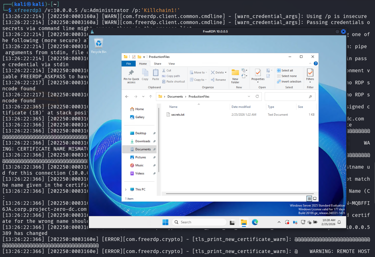 Successful RDP connection from Kali to the domain controller’s desktop as Administrator , with the ProductionFiles folder and secrets.txt visible.