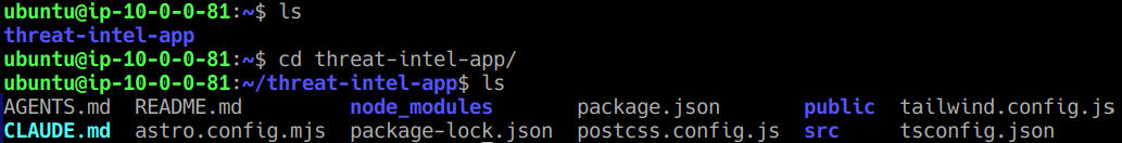 Verified that the AMI-based EC2 instance retained the threat-intel-app application files from the original web server.