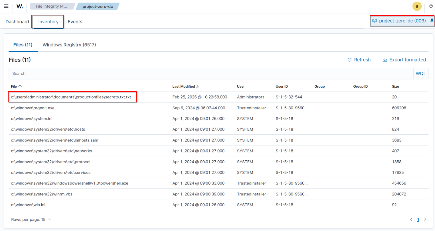 Verify secrets.txt appears in the FIM inventory for project-zero-dc