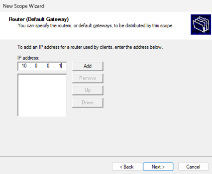DHCP scope options specifying default gateway 10.0.0.1 and DNS server 10.0.0.5 so new clients can immediately reach the domain controller and route traffic out of the subnet.