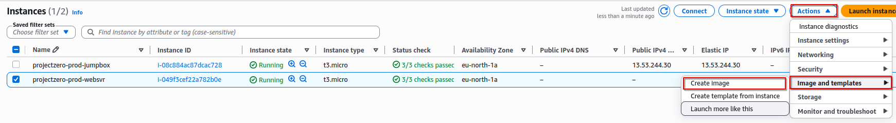 Creating a custom AMI from the configured projectzero-prod-websvr EC2 instance.