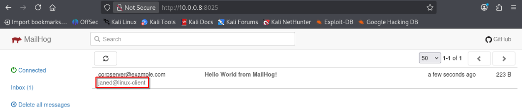 MailHog web interface displaying a captured “Hello World” test email to janed@linux-client in the inbox