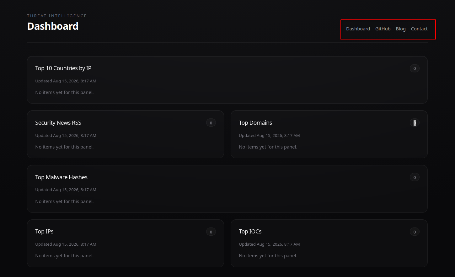 Verified the updated navigation menu on the live threat intelligence dashboard.