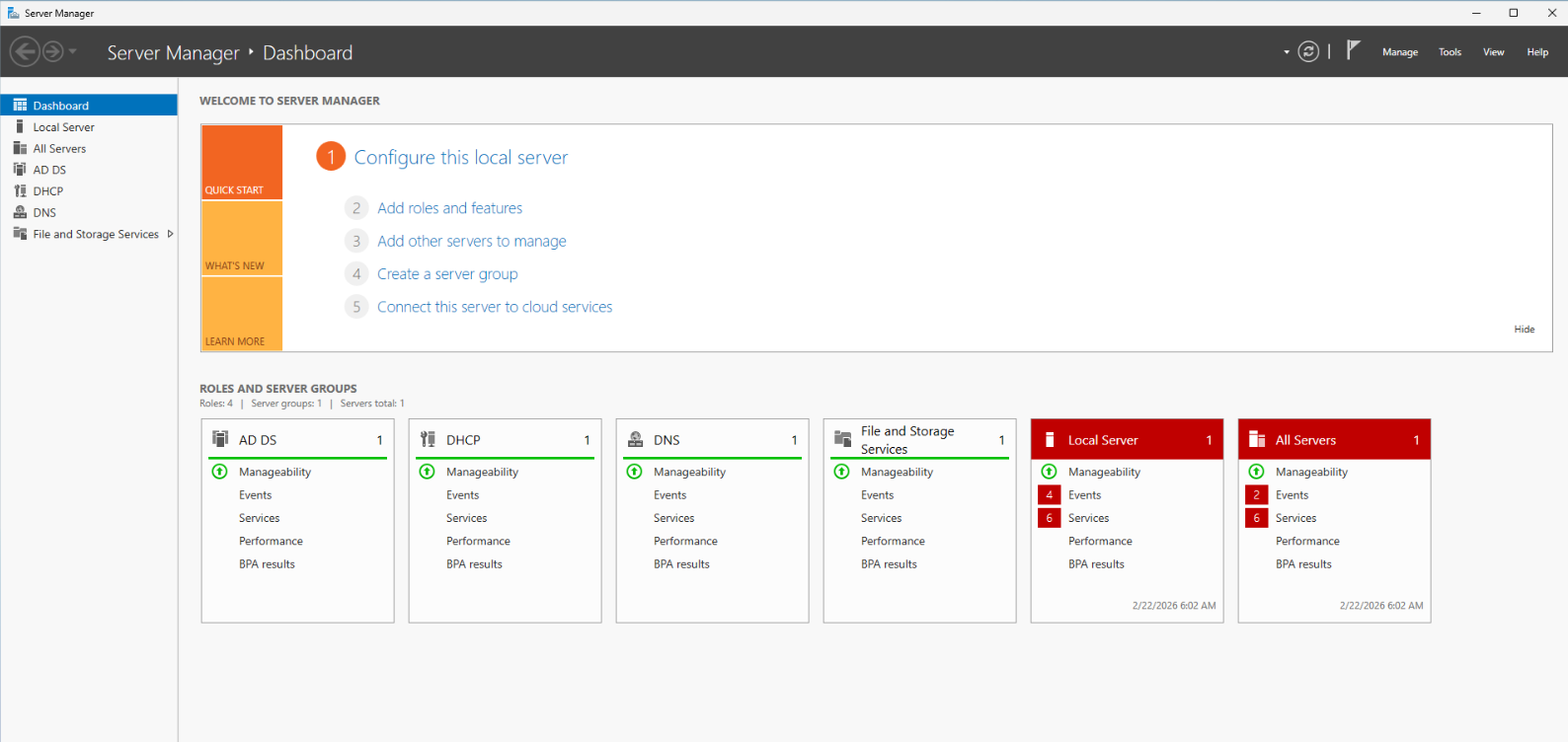 Domain controller after AD DS and management tools installation, ready to manage users, groups, and policies for the lab domain.