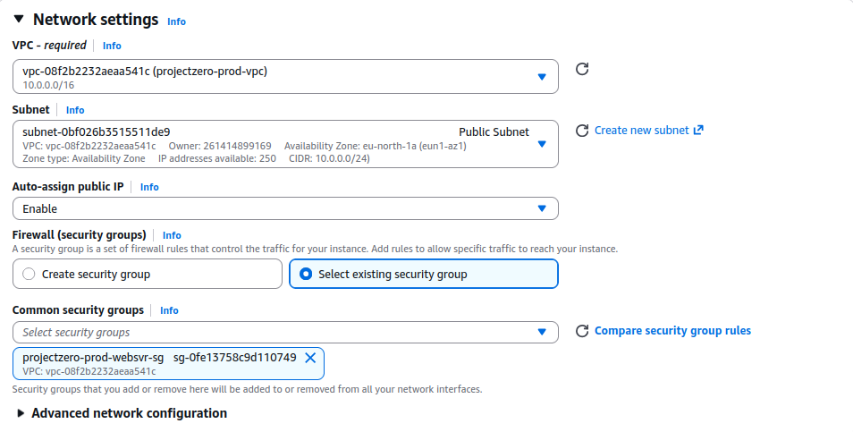 Configured the AMI-based instance in the public subnet with a public IPv4 address and the existing web server security group.
