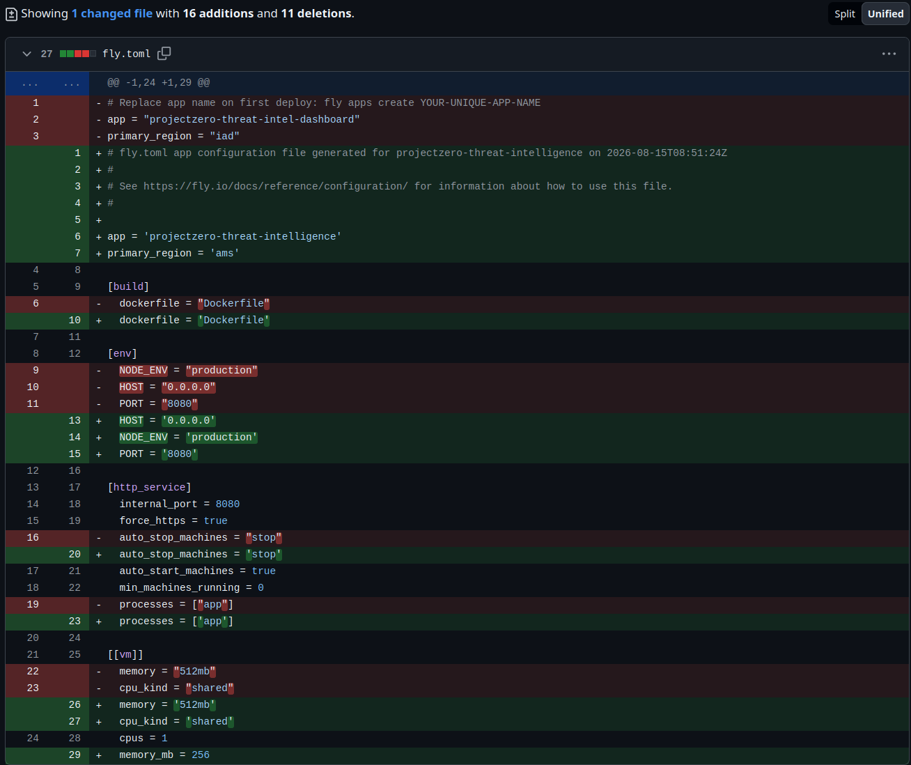 Reviewed the generated fly.toml configuration before merging it into the application repository.