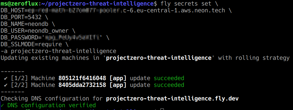 Configured the Neon PostgreSQL connection parameters as Fly.io application secrets and successfully updated the running application.