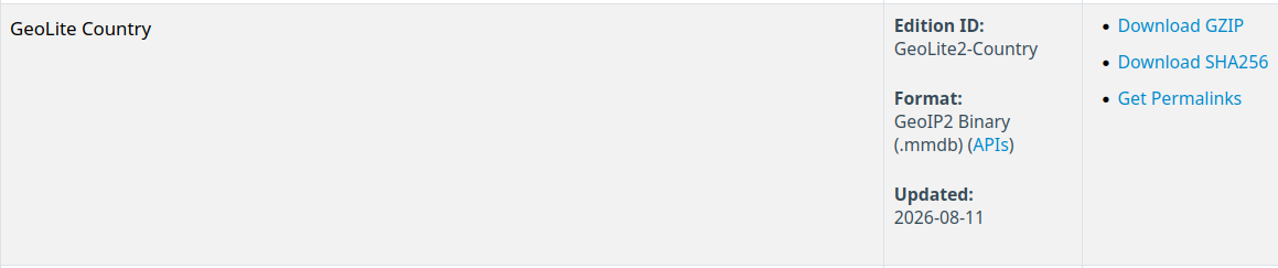 Downloaded the GeoLite2 Country database used by the threat intelligence parser.