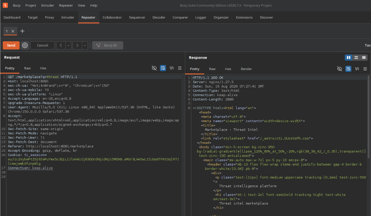 Established a baseline response in Burp Repeater before introducing SQL injection payloads.
