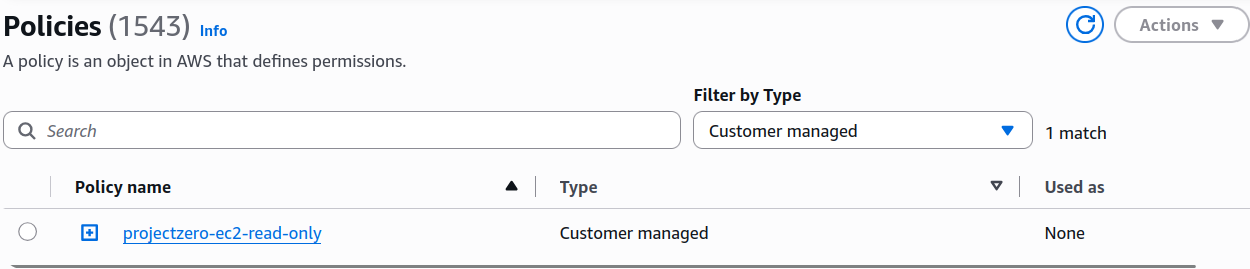 Defined a custom IAM policy containing the EC2 permissions required for the ProjectZero environment.